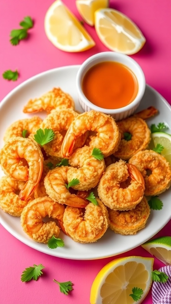Crispy panko air fryer shrimp served with dipping sauce and lemon wedges on a plate.